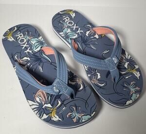Roxy Girls Flip Flops Blue Floral Thong Sandals Youth Size 4 EU 35